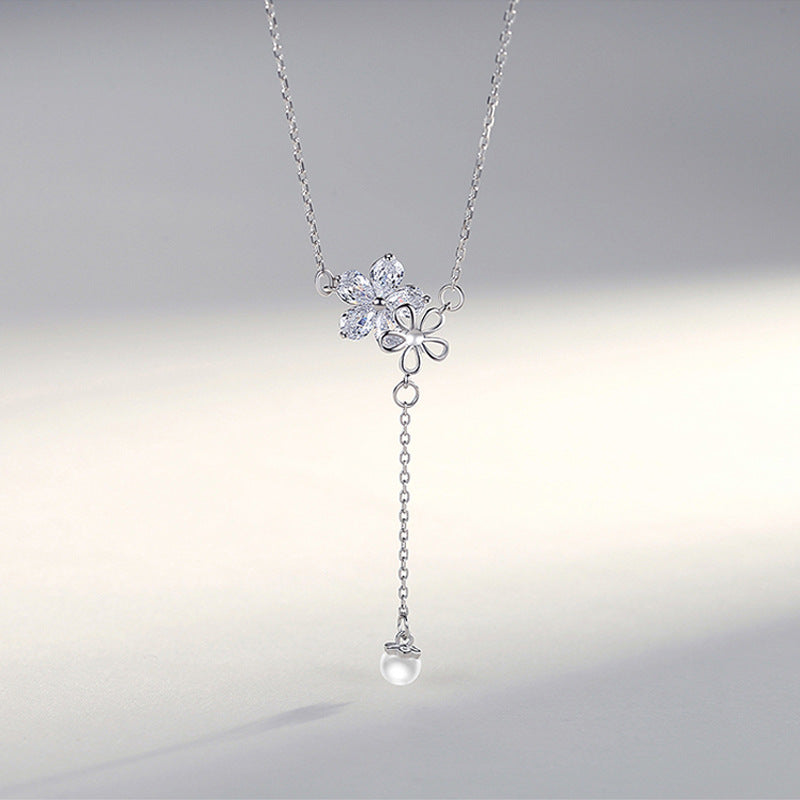 Women's Long Pearl Necklace Flower Tassel Temperament Personality