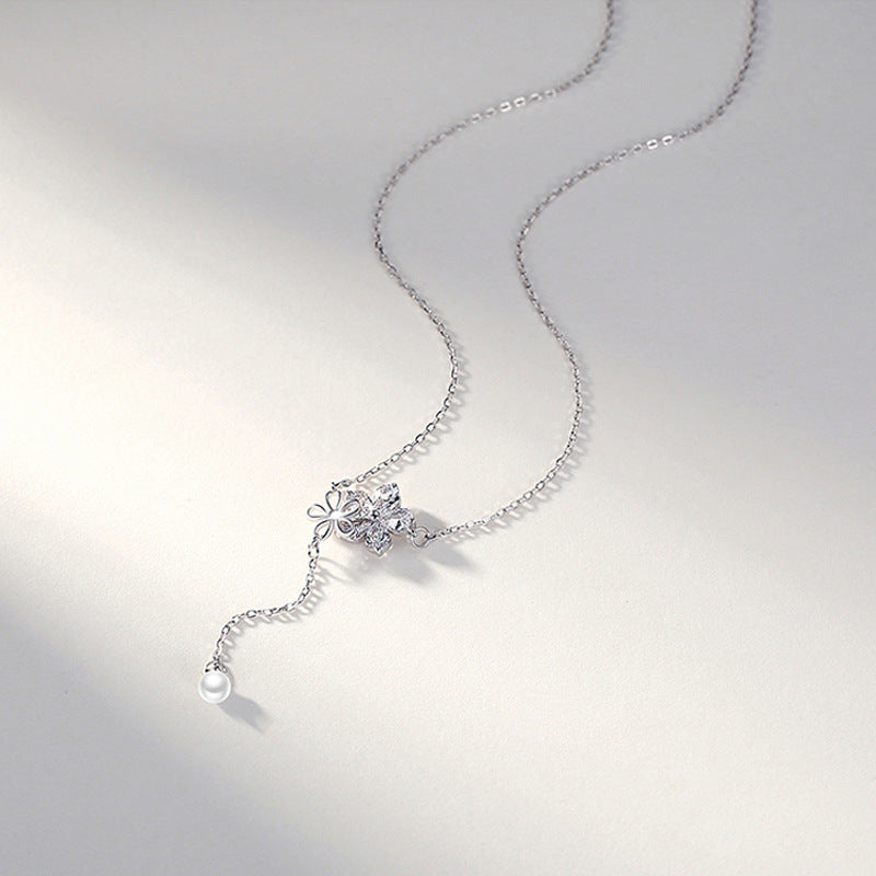 Women's Long Pearl Necklace Flower Tassel Temperament Personality