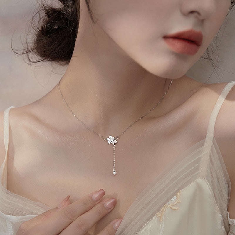 Women's Long Pearl Necklace Flower Tassel Temperament Personality