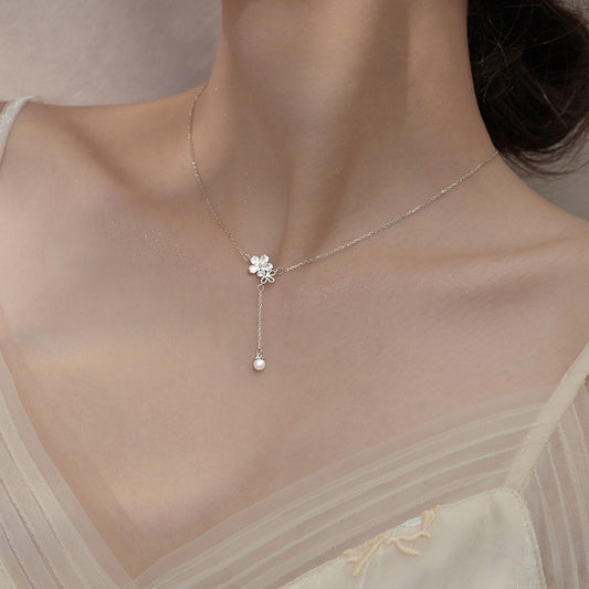 Women's Long Pearl Necklace Flower Tassel Temperament Personality